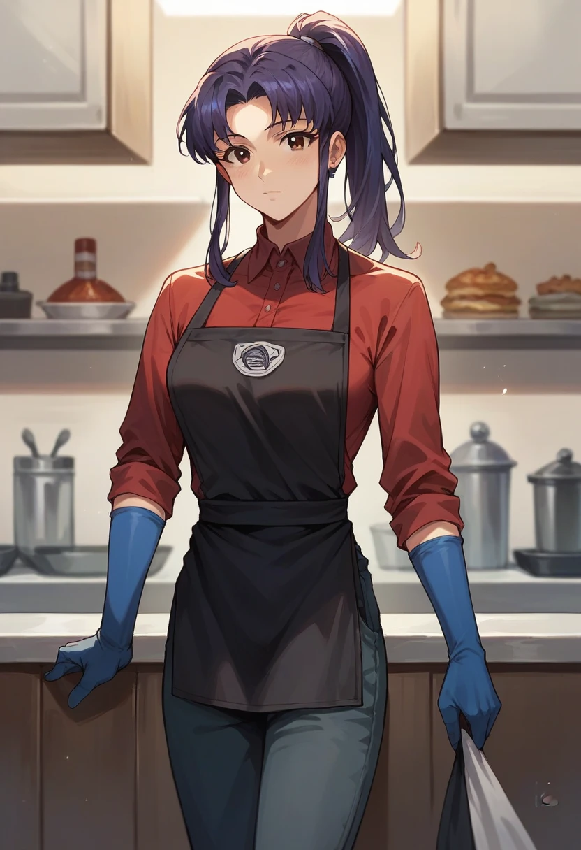 1girl, misato katsuragi, ponytail, ((blue half elbow gloves)), (red shirt), ((long sleeves)), (black apron), (pants), looking at viewer, standing, (work in barbershop), solo