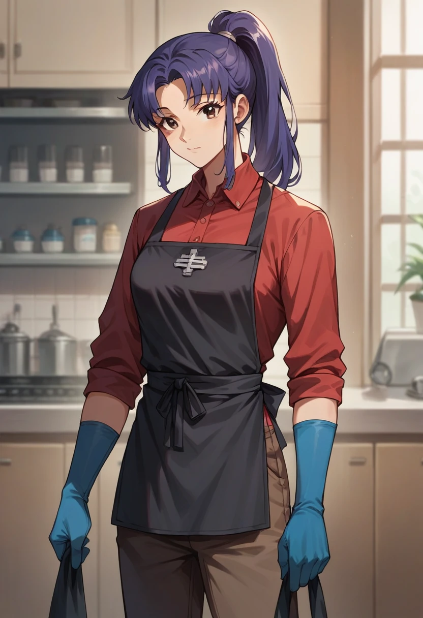 1girl, misato katsuragi, ponytail, ((blue half elbow gloves)), (red shirt), ((long sleeves)), (black apron), (pants), looking at viewer, standing, (work in barbershop), solo