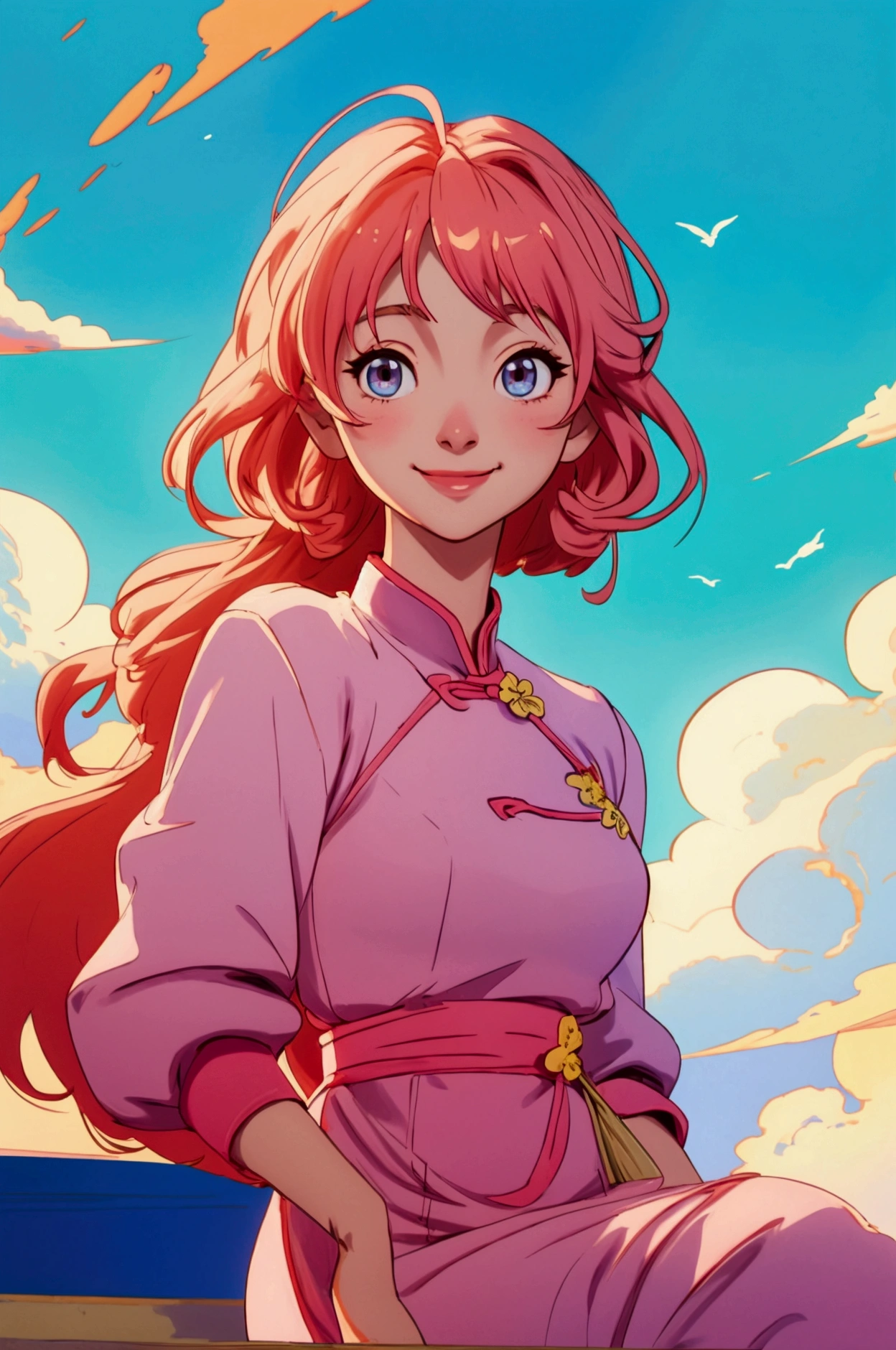 A refreshing woman、Shortcuts、smile、masterpiece, Highest quality, Movie stills, bright, Anime Style, Happy, shine、Age: 23、happiness、null、cloud、cloudの隙間から光が差し込む、Warm and soft lighting,China dress、