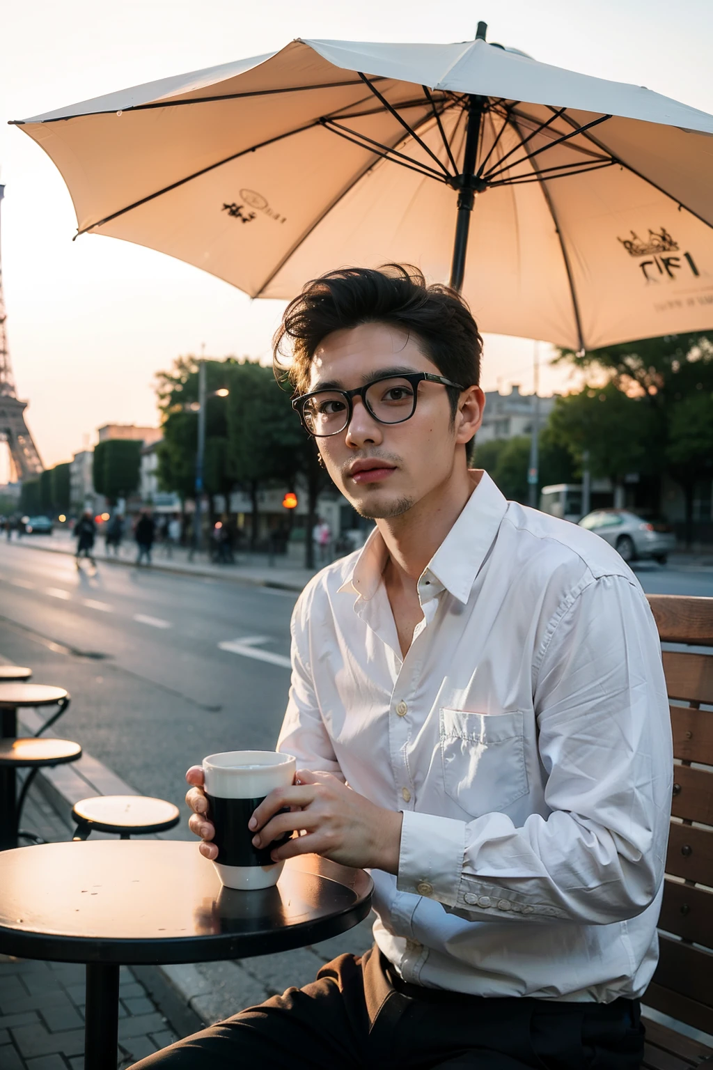 one example
Man with glasses Japanese Set Beardless
comics wide awake
In front of the Eiffel Tower,Sunset,Holding a colorful mug,Sitting at a cafe with parasol on the street,