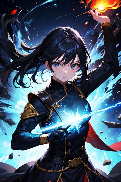 original character、Black Hair、Dressed in tight-fitting blue and white combat uniforms、Controlling fire from your hands、Spreading fire all around、Fire Serpent、Black eyes glowing red、Muscular body、Medieval European cityscape、Beautiful blue sky、Stand from the front、Crisp eyes、Wide grassy area、Bright World、Swordsman、Leader、Put flame on the sword、A peaceful world、Spreading greenery