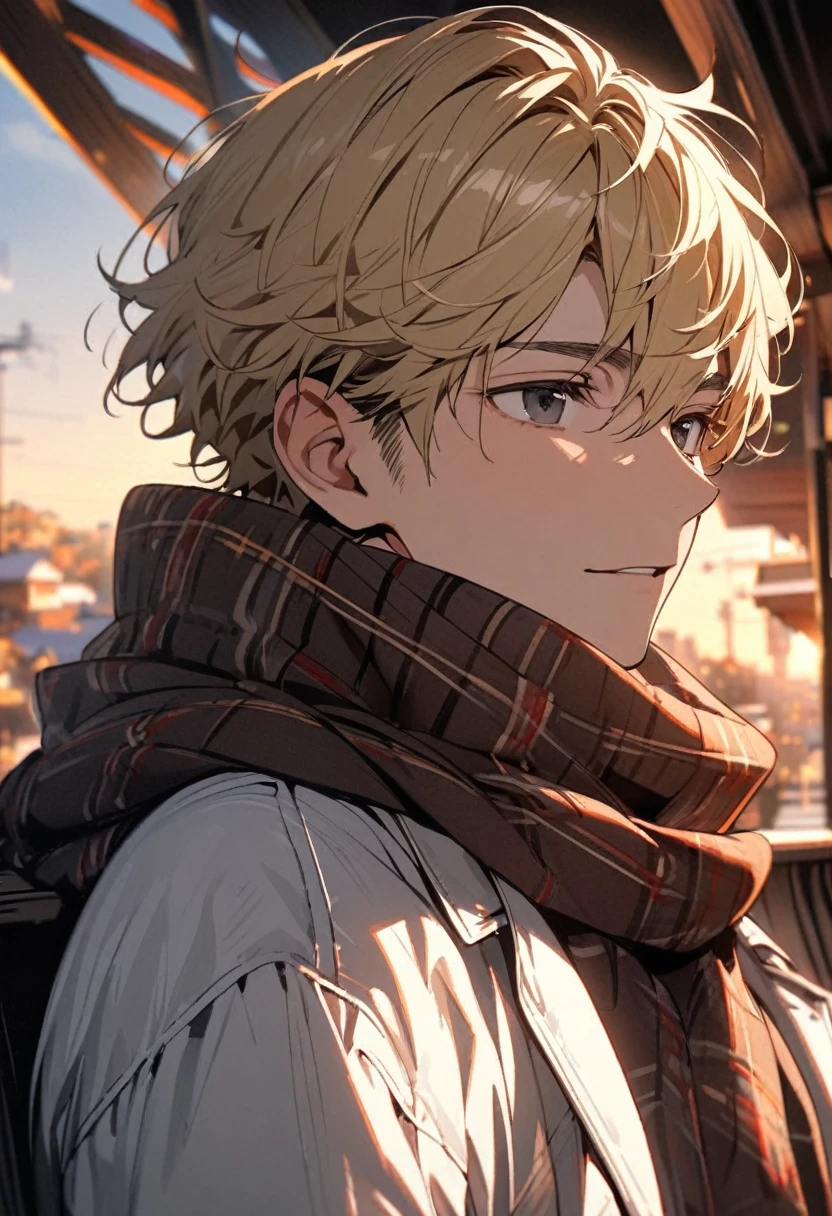 male, handsome, innocent, blond hair, solo, black eyes, wearing scarf, short hair, adult, relaxing face, high detail, beautiful color, beautiful backround