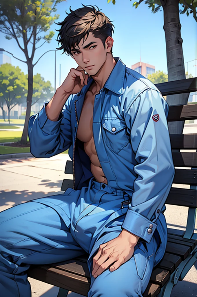 Brown hair boy, blue blue eyes, male face, muscular, hot and sexy sweaty body, naked, sitting on a bench, with his erect penis ejaculating detailed. 