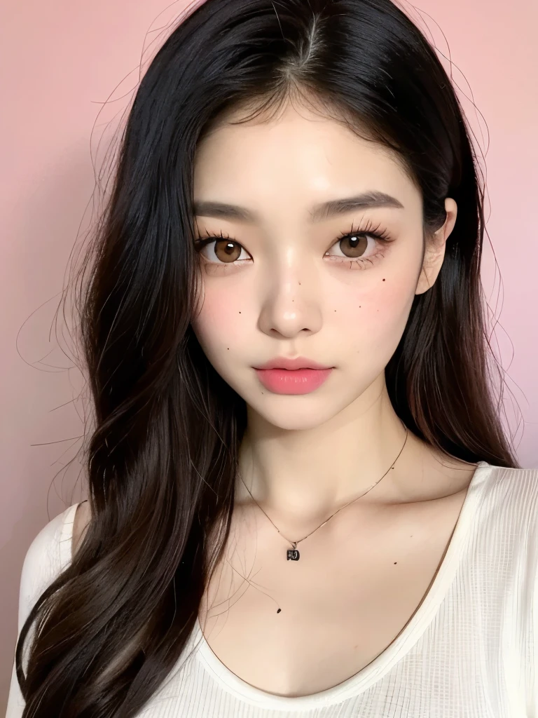 Kim Jennie with black hair, with curls, Brown eyes, pretty eyes, He, pretty lips, pink lips, Heart and cupid shaped lips, beautiful skin, pale white skin, with moles and freckles all over his face, soft pink blush on cHeeks, douyin makeup, popular korean makeup, with a necklace, while wearing a white shirt, with summer shorts, thin abdomen, (big breasts, deep neckline), VHS style photo, old paint, autophoto, looking to tHe camera