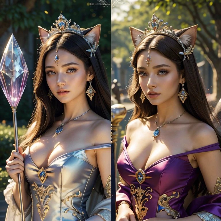 (masterpiece, best quality:1.5), highest quality, High resolution, super detailed, Realists, Upper body photo of a brunette sorceress, detailed and beautiful eyes, beautiful detailed lips, very detailed eyes and face, longeyelashes, shiny satin dress, Holding a wand in your hand and performing a transformation spell, Magic wands present and shiny, Beautiful and colorful makeup, elegant and noble々The jewelry bag, Gardens as background, soft daylight, bright colors, fine brushstrokes, Portrait style, Silk dress fabric, beautiful color palette, glowing skin, First-class rendering, that captures every detail, enchanting atmosphere, subtle shadows and lights, (perfect anatomy:1.2), (The stunning sorceress turns cat into princess (a transformation with the magic wand:1.4), (magnificent panorama view:1.2)