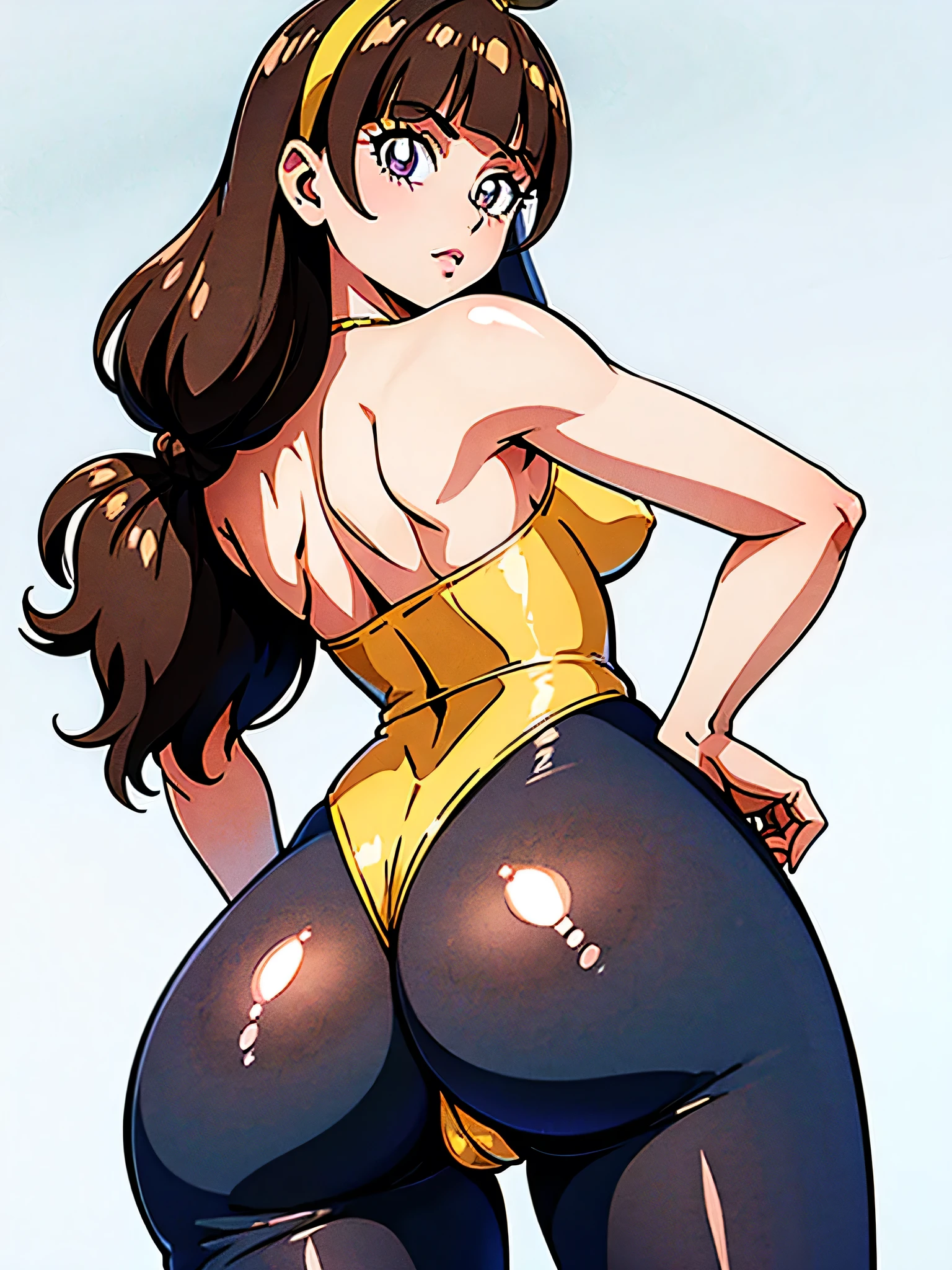 1 girl, (solo), ((amanogawaki)), best quality, highres, high quality, 8k, HD, super detail, anatomically correct, UHD, accurate, (masterpiece:1.0), (high quality:1.0), (ultra detailed), (no Background), (White Background), ((Adult)), Yellow Headband, ((UnderButt:1.0)), ((Black Leotard)), Looking Back, Looking At Viewer, (upper body:1.0), (from below:0.8), (hyperass:0.8)