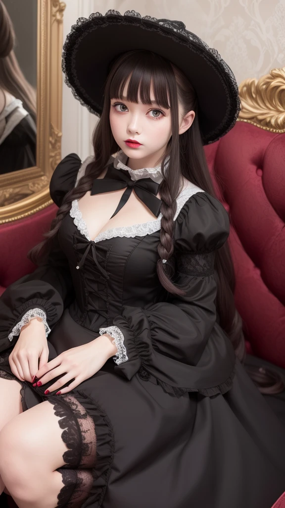 Baroque, gothic ta, cute, 1girl, solo, full body, black sofa, black dress, absurdres, white lace, highres, ultra detailed, highest detailed, red lips