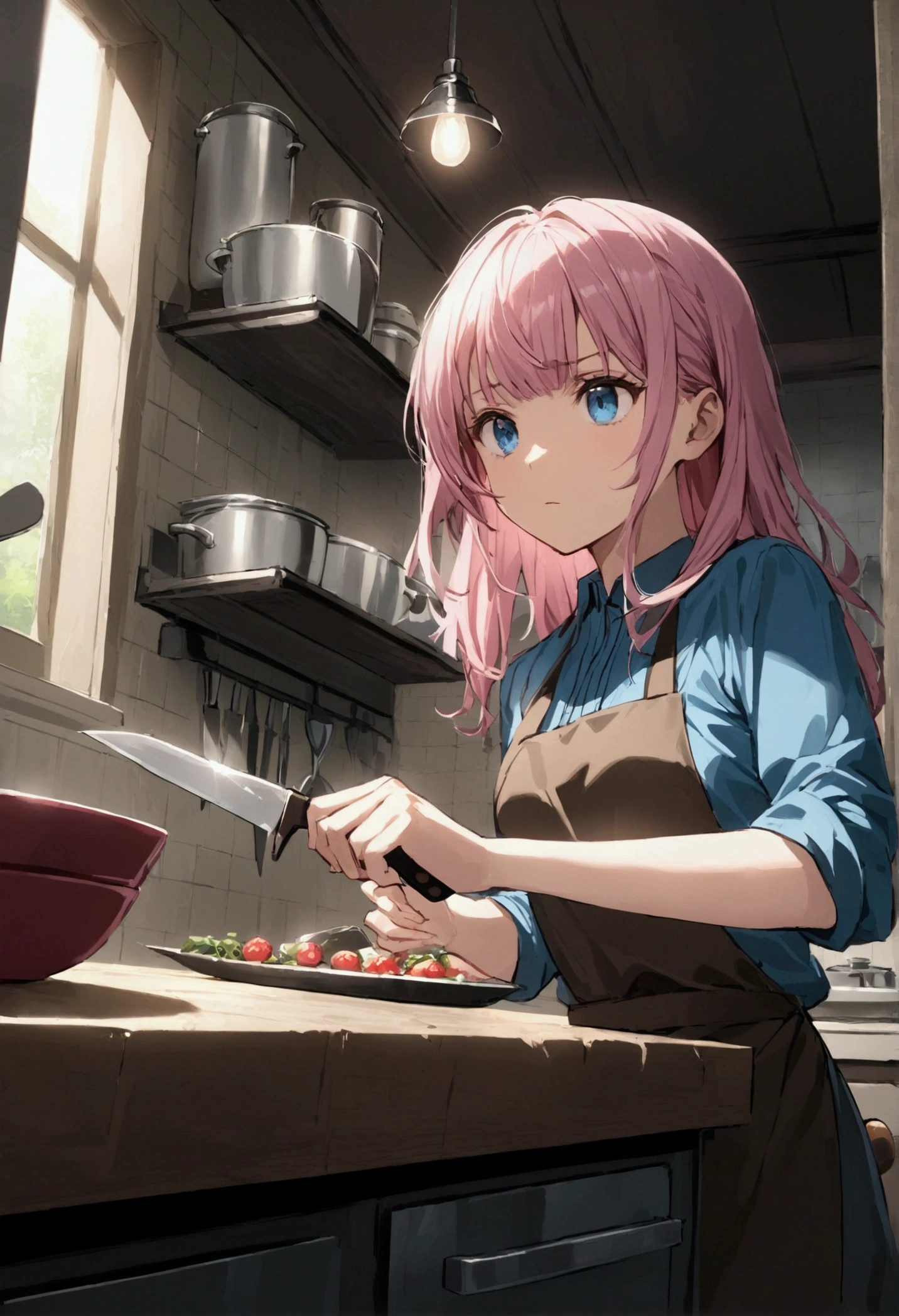 whetstone、Sharpening kitchen knives、Girl with pink hair、blue eyes、Twin Drill、A scene from a movie