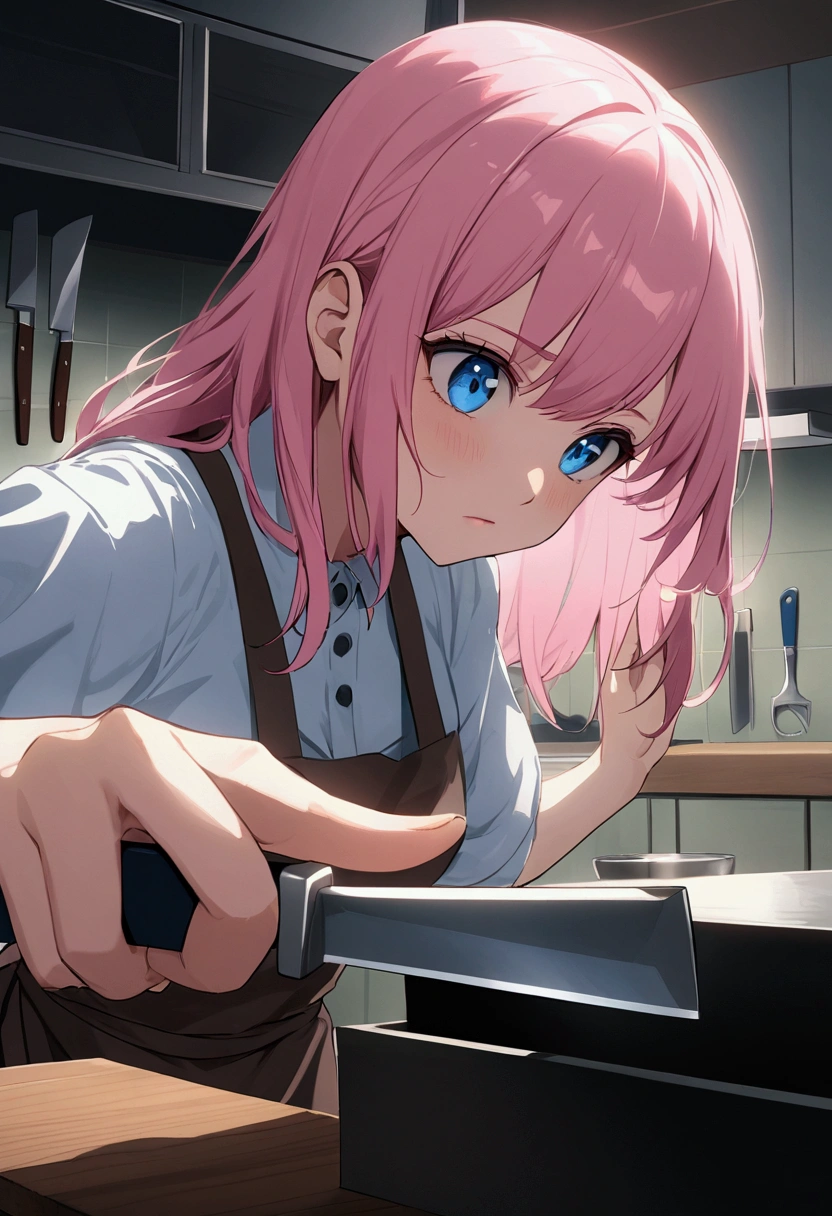 whetstone、Sharpening kitchen knives、Girl with pink hair、blue eyes、Twin Drill、A scene from a movie