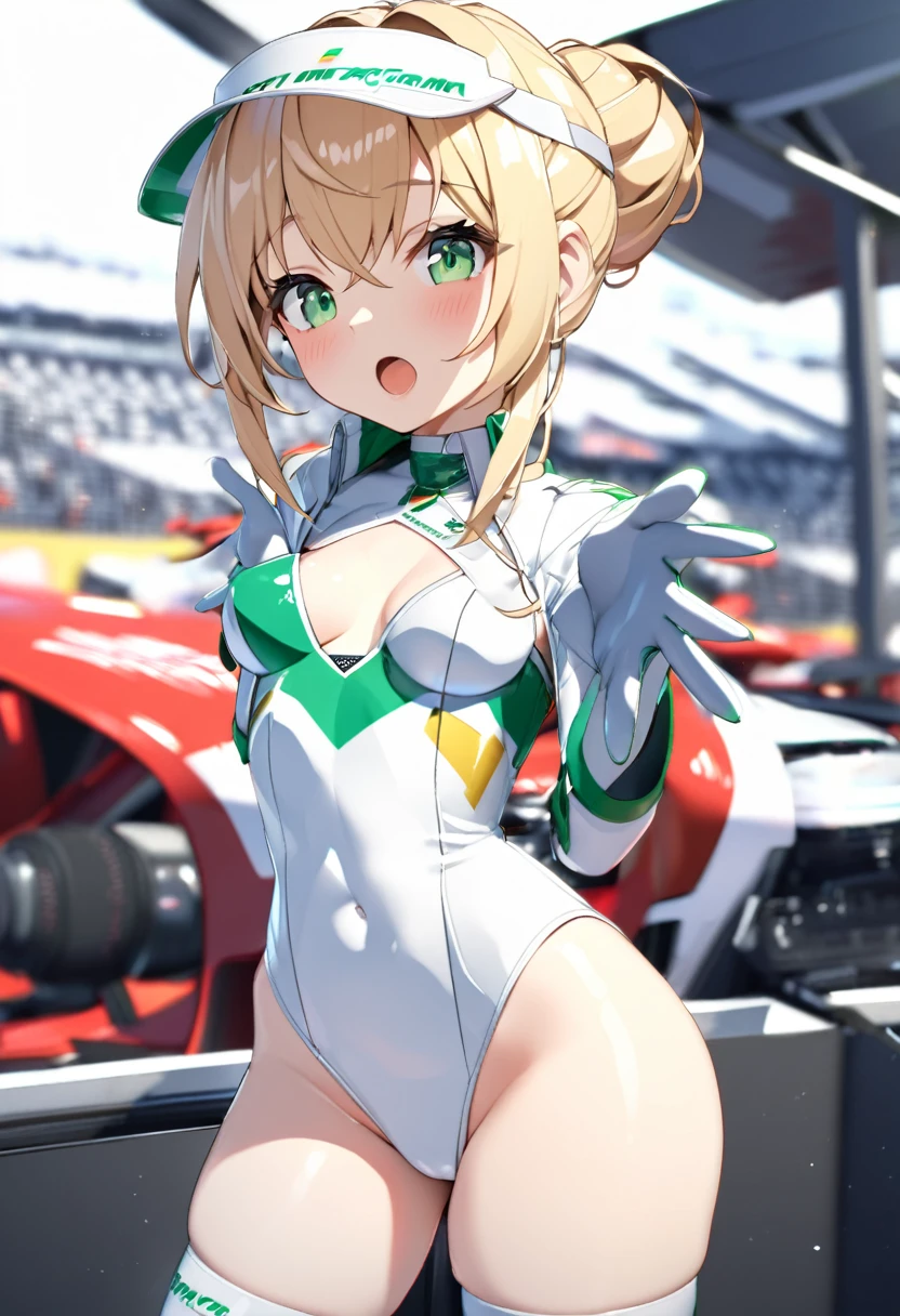 a girl in space suit in 3d space program fashion posing nude with her hands out, 1girl, solo, breasts, green eyes, race queen, blonde hair, leotard, visor cap, looking at viewer, thighhighs, open mouth, white leotard, standing, hair bun