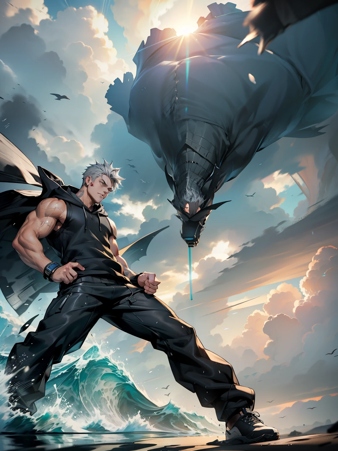 boys 26 Years old, Serious face, muscular, ((black sleeveless sweater, hoodie)), black pants, gray hair, standing in ocean, storm weather,