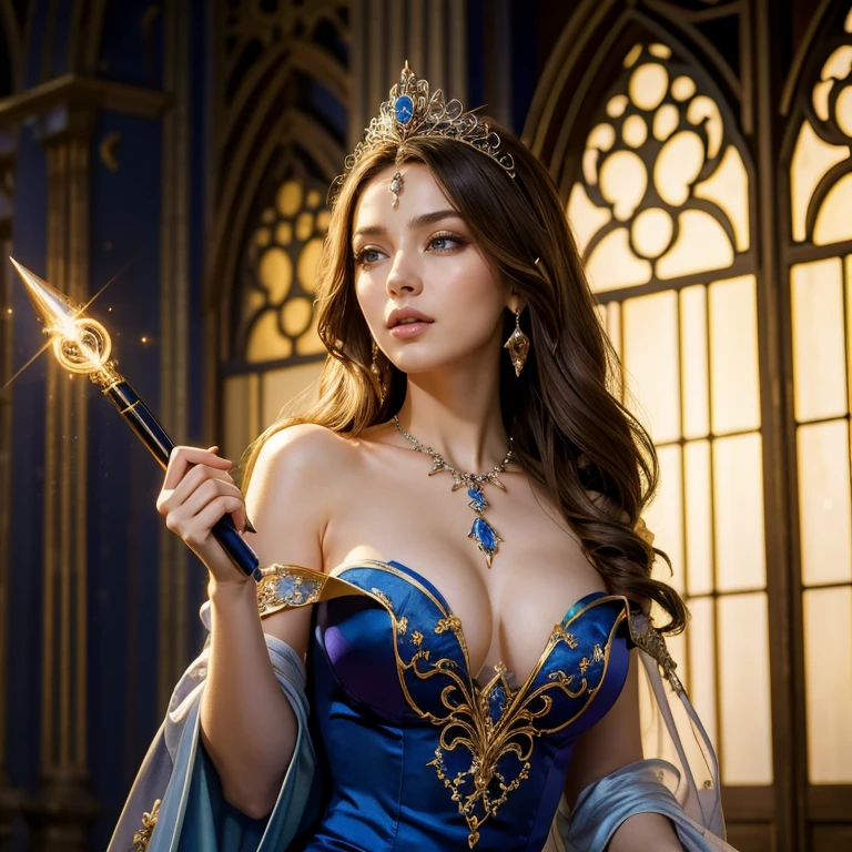 (​masterpiece, best quality:1.5), highest quality, High resolution, super detailed, Realists, Upper body photo of a brunette sorceress, detailed and beautiful eyes, beautiful detailed lips, very detailed eyes and face, longeyelashes, shiny satin dress, Holding a wand in your hand and performing a transformation spell, Magic wands present and shiny, Beautiful and colorful makeup, elegant and noble々The jewelry bag, Gardens as background, soft daylight, bright colors, fine brushstrokes, Portrait style, Silk dress fabric, beautiful color palette, glowing skin, First-class rendering, that captures every detail, enchanting atmosphere, subtle shadows and lights, (perfect anatomy:1.2), (The stunning sorceress turns man into princess (No man only women) (a transformation with the magic wand:1.4), (magnificent panorama view:1.2)