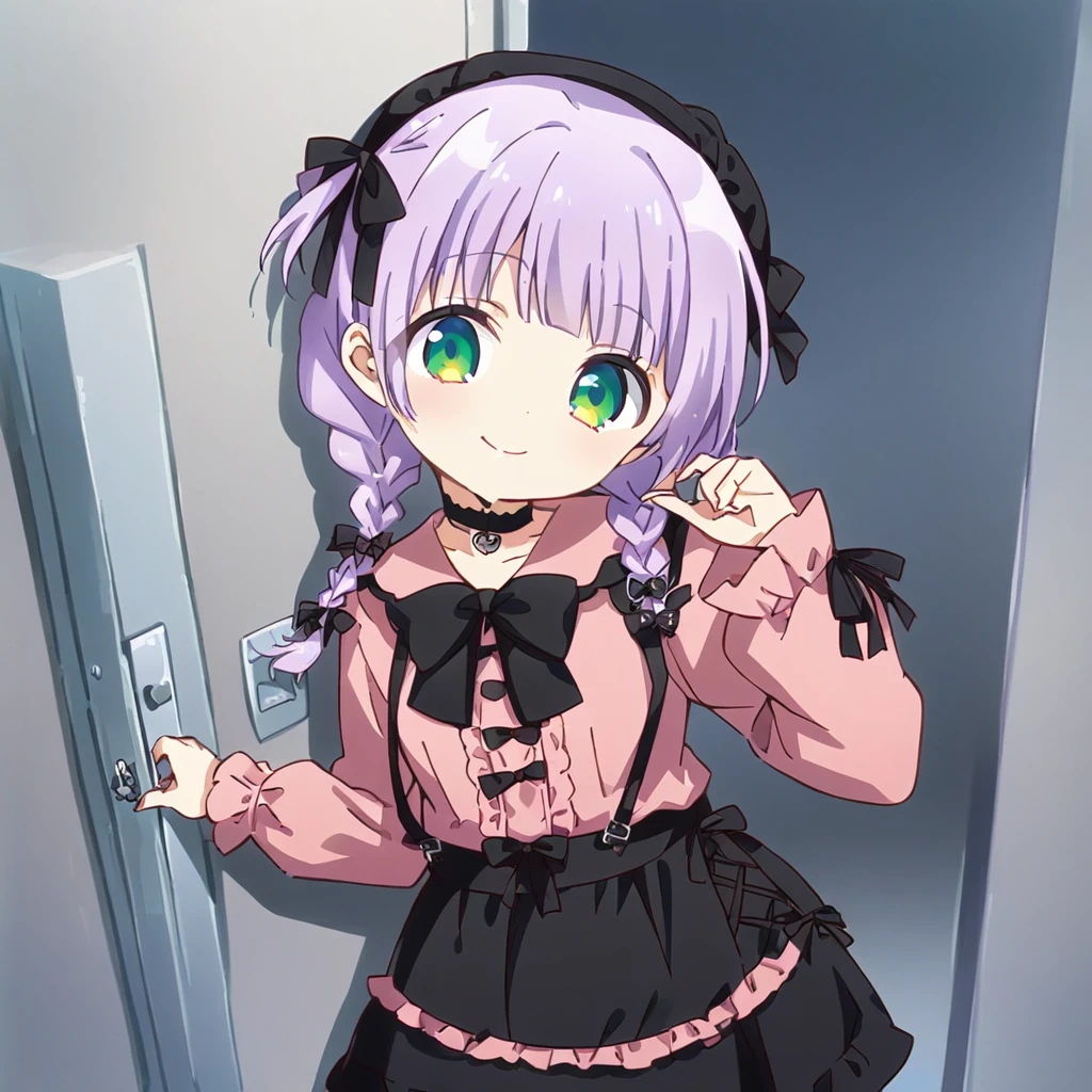 A girl, cute, kawaii, masterpiece, detailed description, detailed line drawing, (a girl with closs hair pin, A girl has her fingers on the door, sticking her head out and looking at viewer. Light purple hair,twin braids, smiling face, green eyes. closs hair pin, pink shirt, cosplay, jirai kei, bangs, black skirt, black bow, looking at viewer, bow, long sleeves, choker, ribbon:1.4), anime visual, (tilt head:1.3),, looking at the viewer, full body shot,