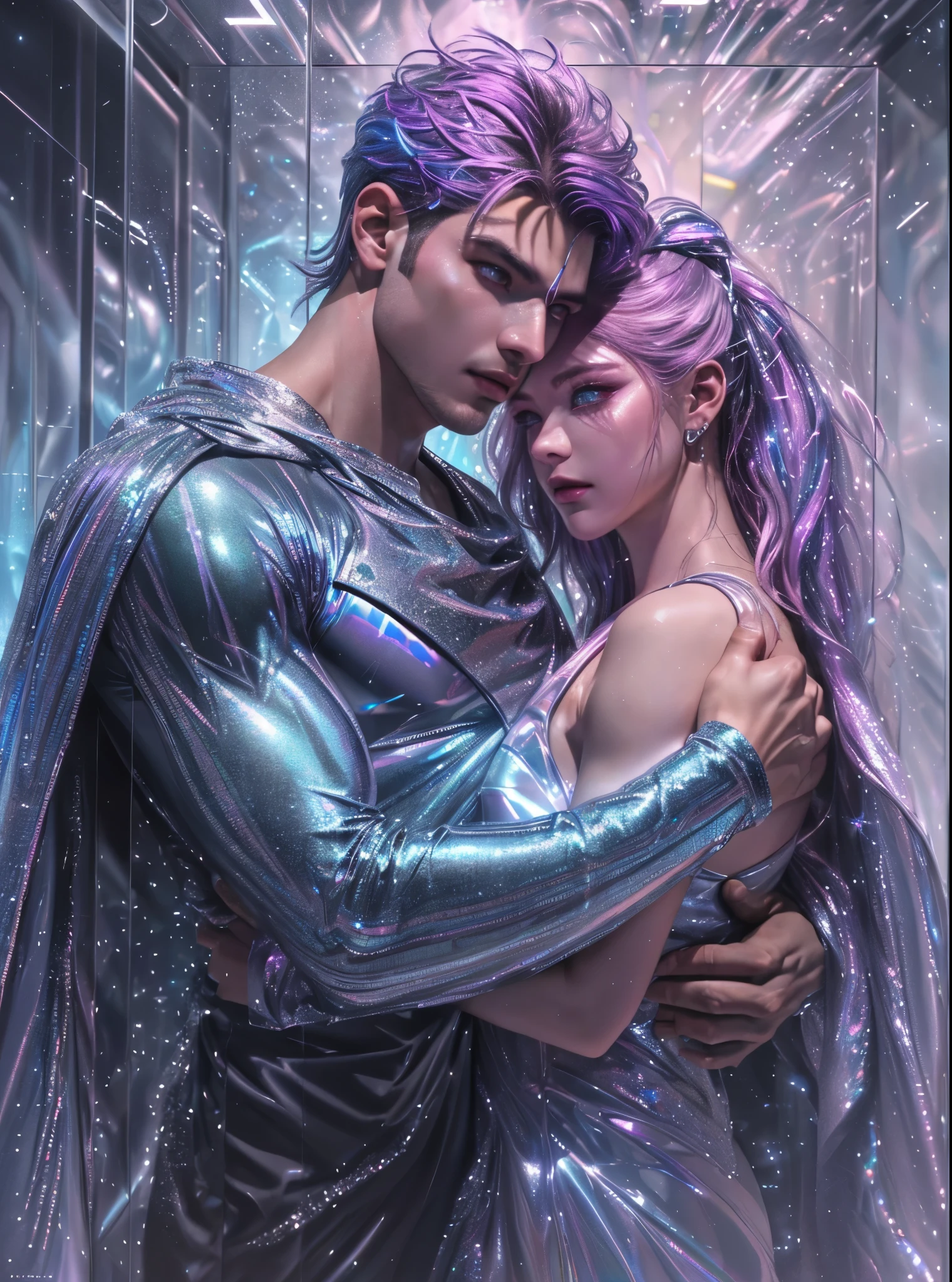 (mid_shot:1.3),(1 male:1.2),(muscle man:1.1),(frontal illumination:1.2),with a silver body and glitterati with lights above,extreme iridescent reflection,in the style of vray tracing,vibrantmanga,shiny/ glossy,rococo pastel,fluid form,tinycore,fluid impressions,vray,machine aesthetics,yanjun cheng,silver,shiny eyes,fluidform.,the young warrior,male characteristics,