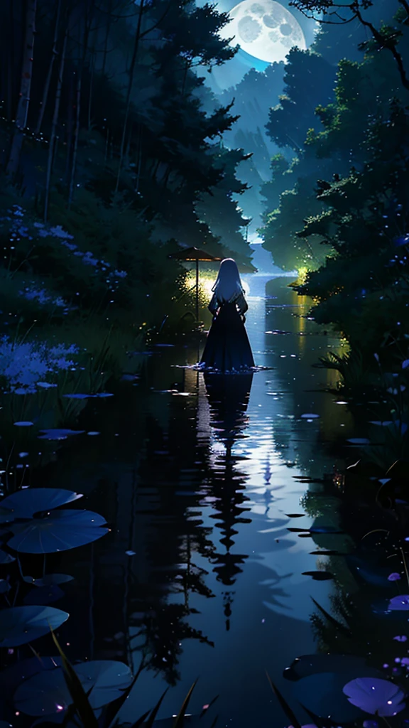 ((high quality)), ((masterpiece)), 8k, Anime Style。Rear view of one woman。brook at night、The light of the full moon reflects on the water、A silvery light spreads across the river。A quiet landscape illuminated only by moonlight spreads out before you。Ultra-wide angle/distant view。whole body。