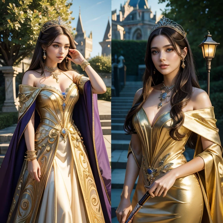 (masterpiece, best quality:1.5), highest quality, High resolution, super detailed, Realists, Upper body photo of a brunette sorceress, detailed and beautiful eyes, beautiful detailed lips, very detailed eyes and face, longeyelashes, shiny satin dress, Holding a wand in your hand and performing a transformation spell, Magic wands present and shiny, Beautiful and colorful makeup, elegant and noble々The jewelry bag, Gardens as background, soft daylight, bright colors, fine brushstrokes, Portrait style, Silk dress fabric, beautiful color palette, glowing skin, First-class rendering, that captures every detail, enchanting atmosphere, subtle shadows and lights, (perfect anatomy:1.2), (The stunning sorceress turns man into princess (No man just two women) (a transformation with the magic wand:1.4), (magnificent panorama view:1.2)