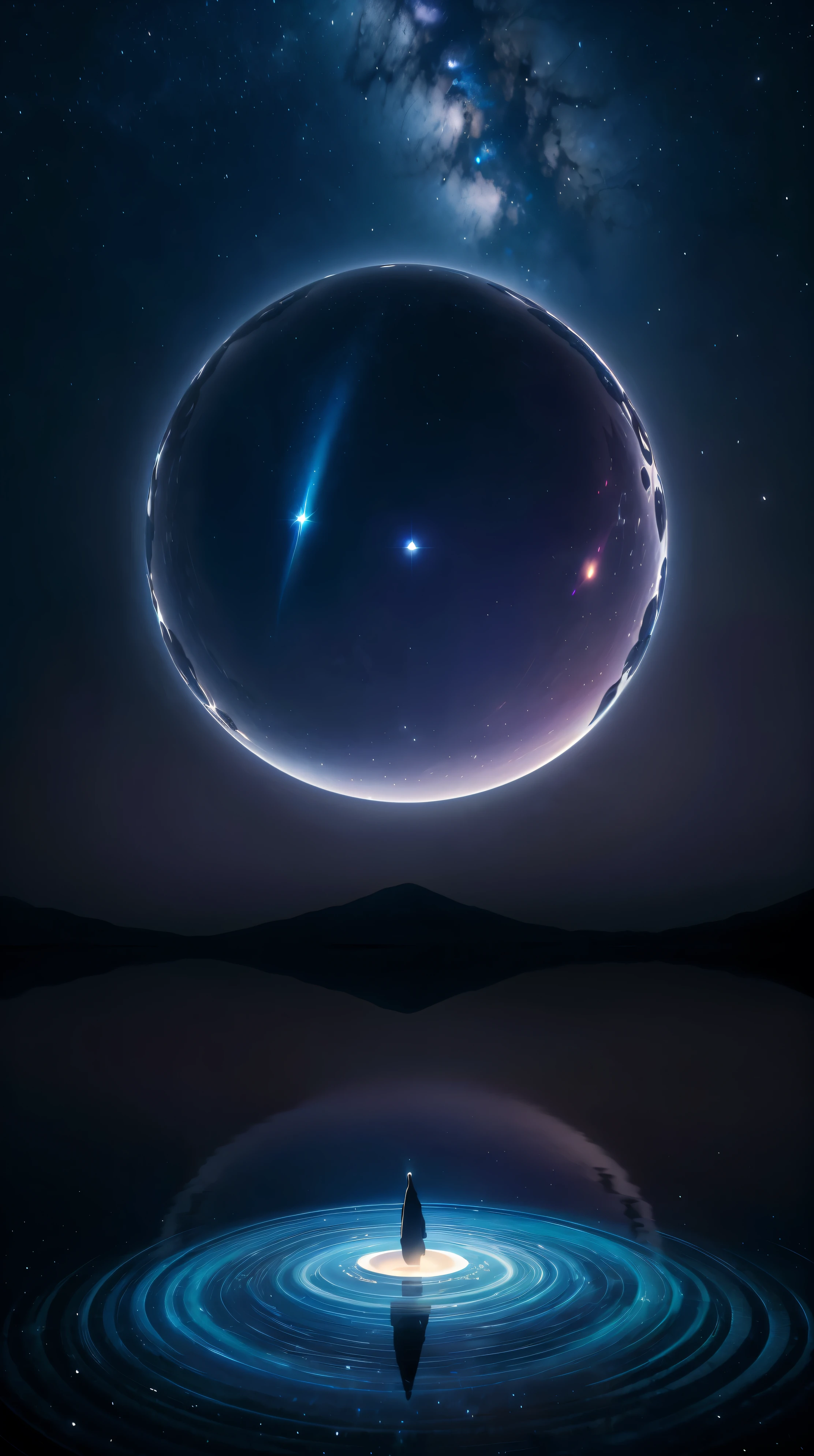(Highest quality,4K,8k,High resolution,masterpiece:1.2),Very detailed,(Realistic,photoRealistic,photo-Realistic:1.37),Mirror portal to another world,Mirror Center,Night Sky,reflection,dark clouds,twinkle star,Hazy atmosphere,Distant Sea,Silhouette of the Earth,Faint moonlight,attractive color,mysterious,Emotional,mysterious,magic,imagine,Depth Perception,Cosmic Energy,Portal opening,Twilight,Awakening,Shine,Hidden Secrets,attractive,unreachable,Beyond,dream-like,Scalability,fragmented reality,Seamless migration,Combining dimensions,margin space,conversion,Otherworldly,Calm,peaceful,Quietly interrupted,Cosmic Whispers,still,Beyond,infinite possibilities.