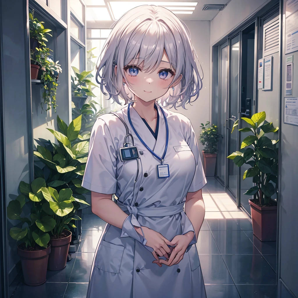 Display to the top of the head.one girl.solo. It should be a bust-up (from chest up) with high resolution and detailed depiction. Please create an anime-style illustration of a young nurse aide. She has soft, wavy short hair in a silver color with a subtle pink-purple tint. Her eyes are large, expressive, and blue, with a gentle yet serious expression. She is wearing light blue or white scrubs with a name tag. She is standing in a brightly lit hospital corridor, with plants and medical equipment in the background. The lighting is soft, casting gentle shadows to enhance the atmosphere. She is smiling.