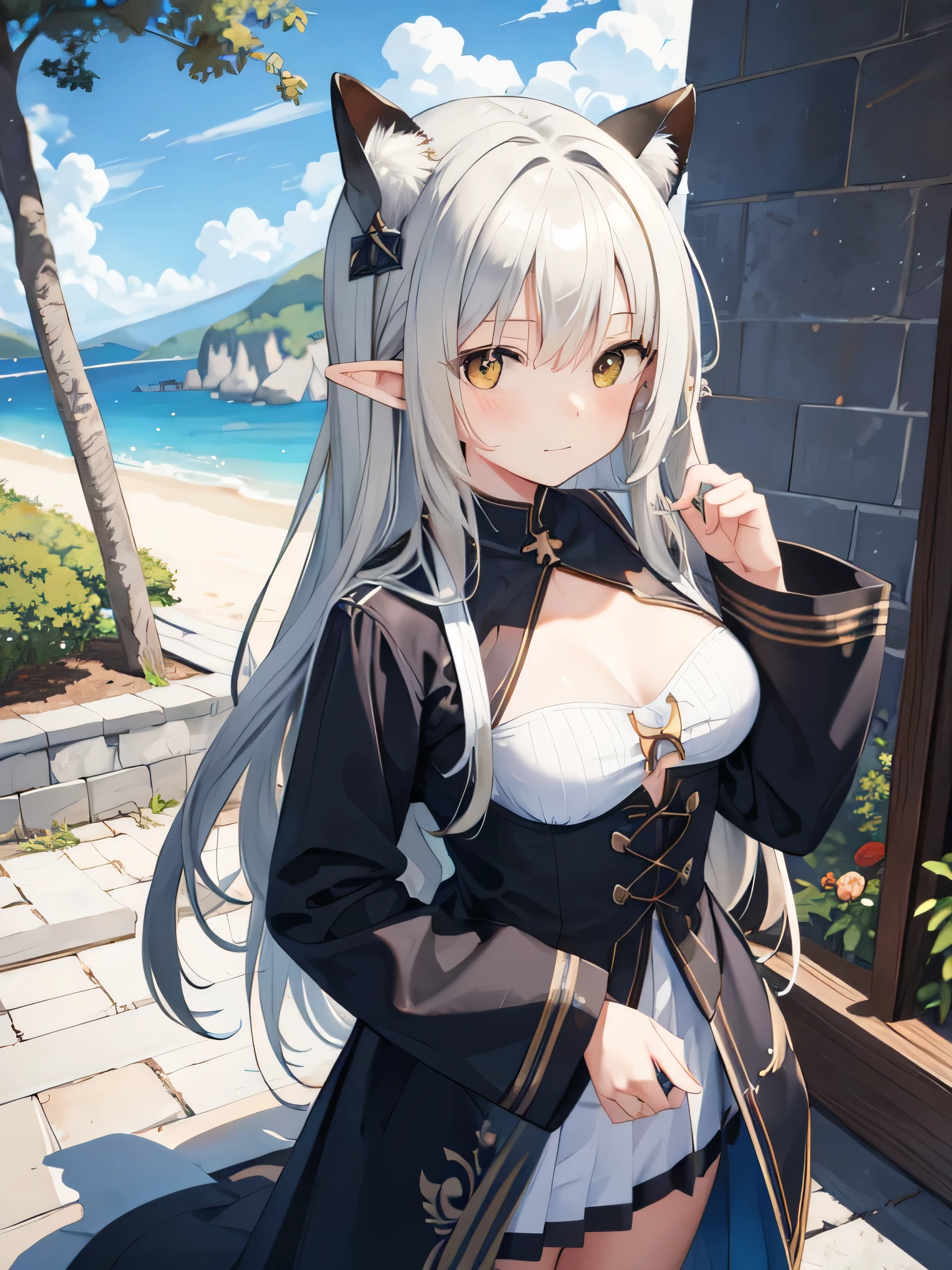 masterpiece, mackerel, best quality, very detailed, wallpaper, conversationally, Brushstrokes, pointy ears, yellow eyes, slit student, Beautiful woman, normal chest, Sky blue