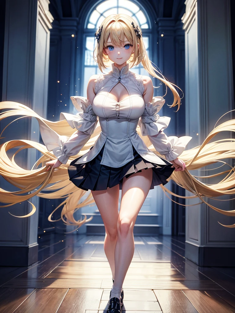 Anime style, super fine illustration, highly detailed, beautiful detailed, pale tone image, static representation, gentle expression, 8k, full body, pretty 1girl with blonde straight short hair & blue eyes & a bright smile & full bust & soft fair skin is wearing big white business shart not to show her skin & black tight skirt, taking off her shoes at the entrance, in the evening, romantic stories, solo, perfect 5fingers, perfect arms, perfect legs, masterpiece.