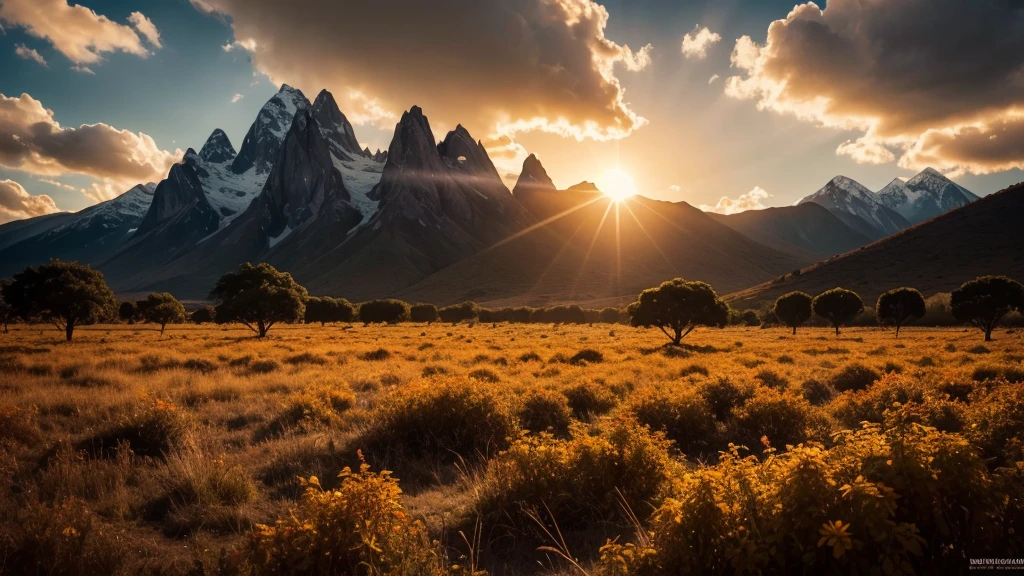 Generate images of South American and European nature, add dark tones to the images, and a beautiful strong orange sun, focus on the sun in the images with an air of hope and faith... Size 16:9 thumbnail style, when you can fit it add a cross wood in the background in the images. research before you start, and reflect.
