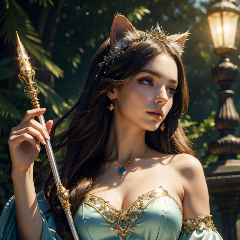 (masterpiece, best quality:1.5), highest quality, High resolution, super detailed, Realists, Upper body photo of a brunette sorceress, detailed and beautiful eyes, beautiful detailed lips, very detailed eyes and face, longeyelashes, shiny satin dress, Holding a wand in your hand and performing a transformation spell, Magic wands present and shiny, Beautiful and colorful makeup, elegant and noble々The jewelry bag, Gardens as background, soft daylight, bright colors, fine brushstrokes, Portrait style, Silk dress fabric, beautiful color palette, glowing skin, First-class rendering, that captures every detail, enchanting atmosphere, subtle shadows and lights, (perfect anatomy:1.2), (The stunning sorceress turns cat into princess (a transformation with the magic wand:1.4), (magnificent panorama view:1.2)