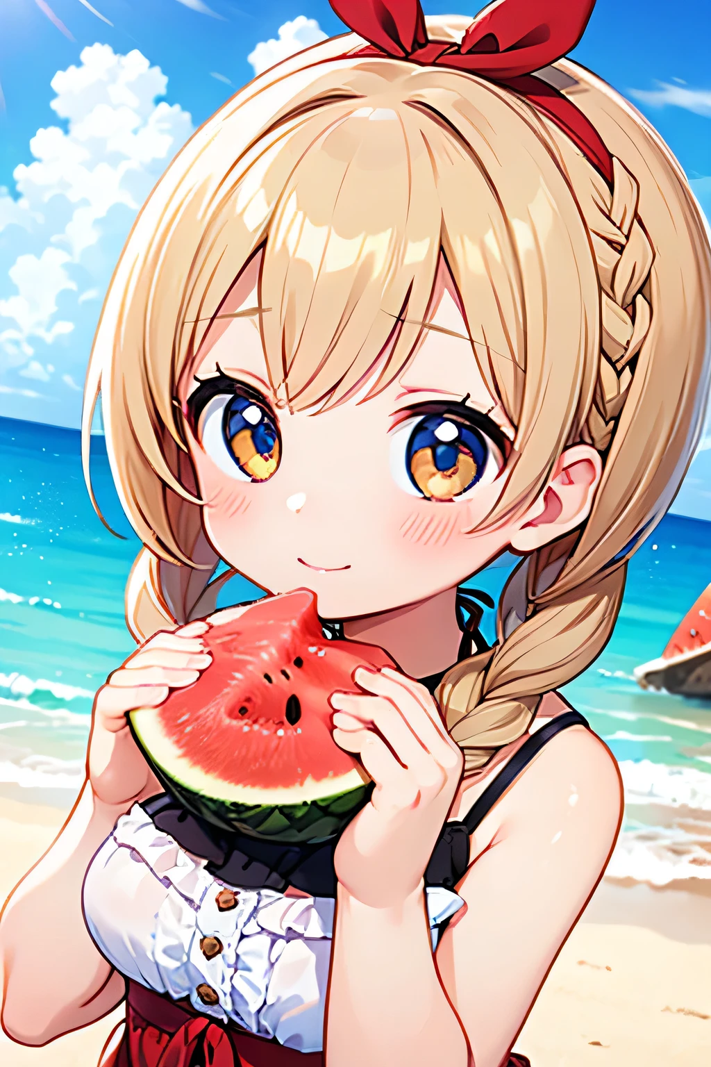 Highest quality、High resolution、Detailed Background、(Beautiful face in every detail:1.4)、Anatomically correct、(Normal number of fingers:1.2)、Highly detailed face、Detailed eyes、Teenage beauty、Huge breasts、Perfect body line、Light color hair、Braided bob cut、Braided Ponytail、Braided twin tails、well-groomed eyebrows、In the hot sunshine、Sandy Beach、A big smile、smile、
(Three girls smashing watermelon on Sandy Beach:1.5)、The bright red flesh of the watermelon is revealed、Girls in colorful swimsuits stuffing their mouths full、The way the juice flows down is adorable.、cute