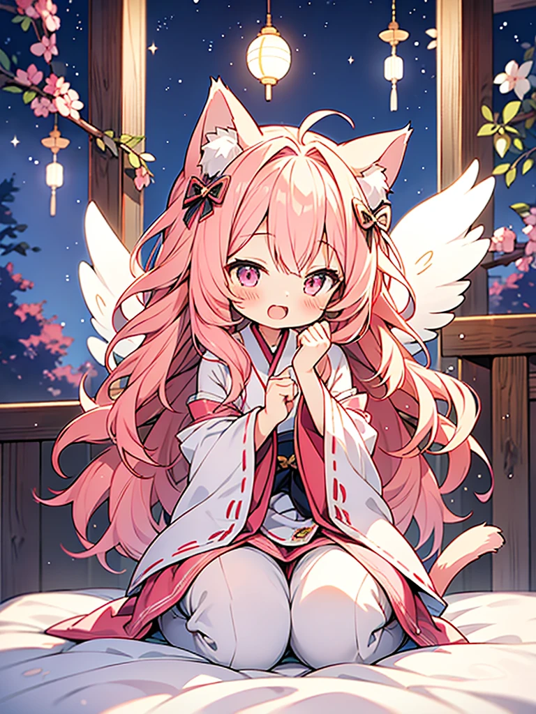Recent Anime art style,hyperfine illumination,cat ears,cat taIl,kawaii shota,short small child,angel halo and wing,pink hair,long hair,wavy hair,Japanese clothes to wear to bed,
The Shota,good night,open mouth smile,at night,seiza,circle frame