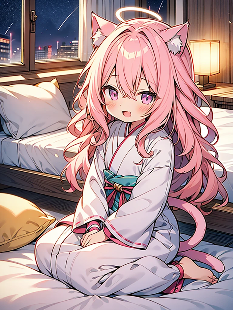 Recent Anime art style,hyperfine illumination,cat ears,cat taIl,kawaii shota,short small child,angel halo and wing,pink hair,long hair,wavy hair,Japanese clothes to wear to bed,
The Shota,good night,open mouth smile,at night,seiza,circle frame