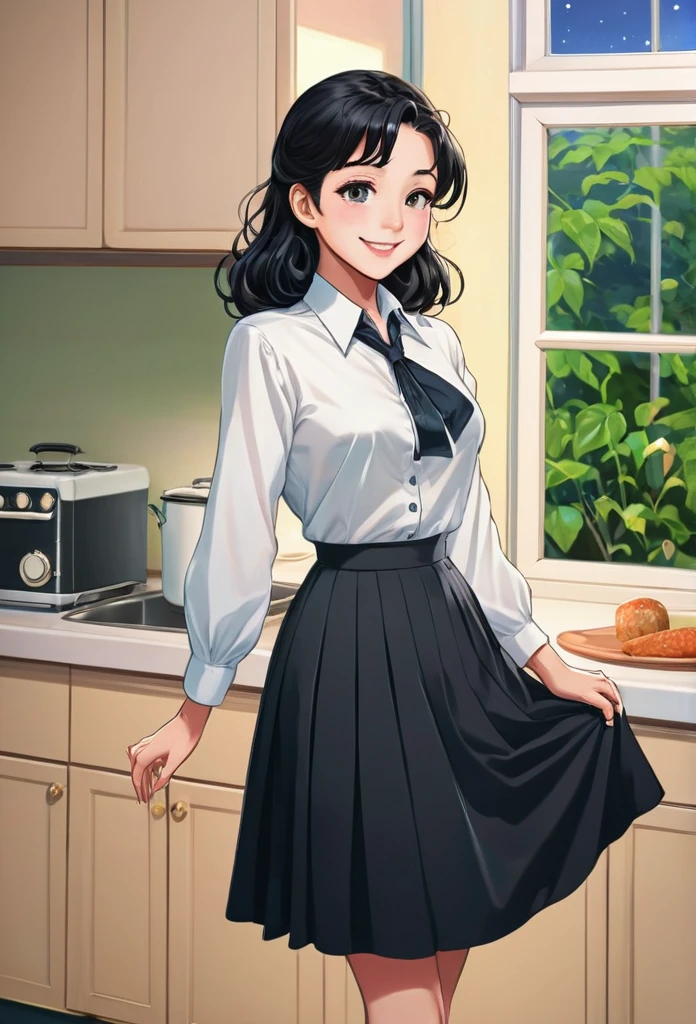 detailed illustration (side view),dynamic angle,ultra-detailed, illustration, pose for the camera, smiling at viewer, clean line art, shading, anime, 2020’s anime style, detailed eyes, detailed face, beautiful face,

Anime, 2d anime, cartoon anime, detailed illustration, dynamic angle, ultra-detailed, illustration, full body shot, 1girl, night time, 1950’s stay at home wife, button up blouse and long skirt, anime half closed eyes. A knowing smile, standing in kitchen, domestic goddess, long black hair, hair down, white American woman, well endowed, wholesome yet sexy, motherly, nurturing, MILF, button up blouse, long skirt