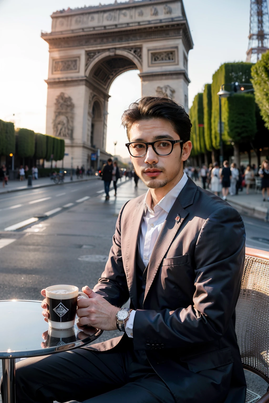 one example　
Man with glasses　Japanese　Set　Beardless Purple Suit　　
comics　wide awake　
In front of the Eiffel Tower,Sunset,Holding a colorful mug,Sitting at a cafe with parasol on the street, The Arc de Triomphe is also in the background

