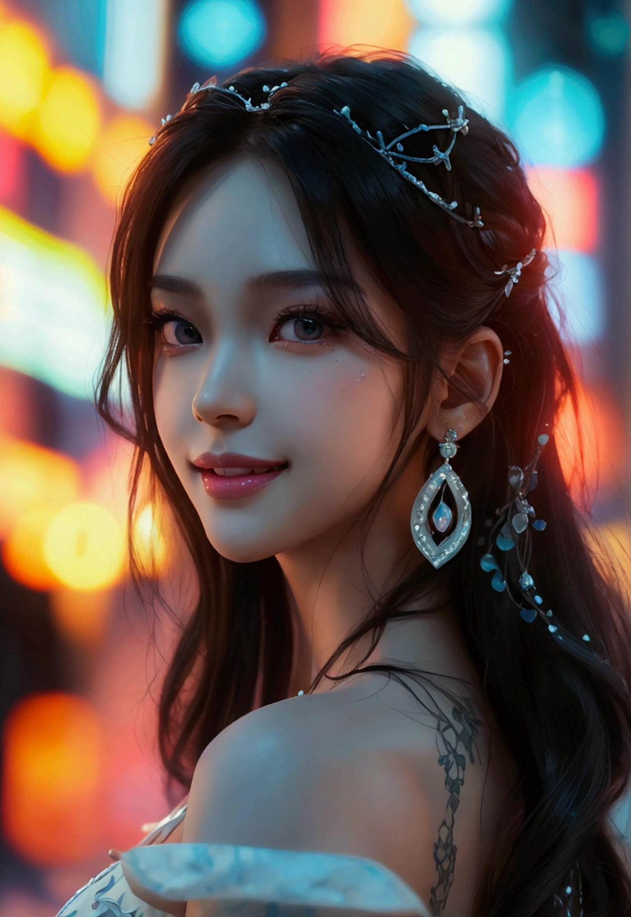 8K, Masterpiece, RAW image, Best quality, Realistic, Photorealistic, Highly detailed 8k CG unity wallpaper, Depth of field, Cinematic lighting, Lens flare, Ray tracing, (Very beautiful face, Beautiful lips, Beautiful eyes), Intricately detailed face, ((Very detailed skin)) 1 girl, In the dark, Deep shadows, Beautiful korean girl, Kpop idol, (Slender and muscular body: 1.3), ((Looking at the viewer)), (Wide smile: 1.3), (Night, (Neon sign), (Blurred background), Large building, Midnight, Beautiful girl, White diamond earrings, Bracelet, Necklace, Clear eyes, Walking, Frontal shot, (Pale skin), Facing forward, (Big eyes), Full body shot, ((Beautiful fantasy empress). Inspired by Sim Sa-jeong, Azure detailed hair, Winter princess, LCE princess, Artwork by Guvez-Steville, 8K), (Views: 1.3), Very slim, big round chest, medium chest under dress, Hermes bag, hair tied up, short hair, medium butt, beautiful slender thighs, high heels, beautiful legs, full body, very cute, cool pose, sexy angle.