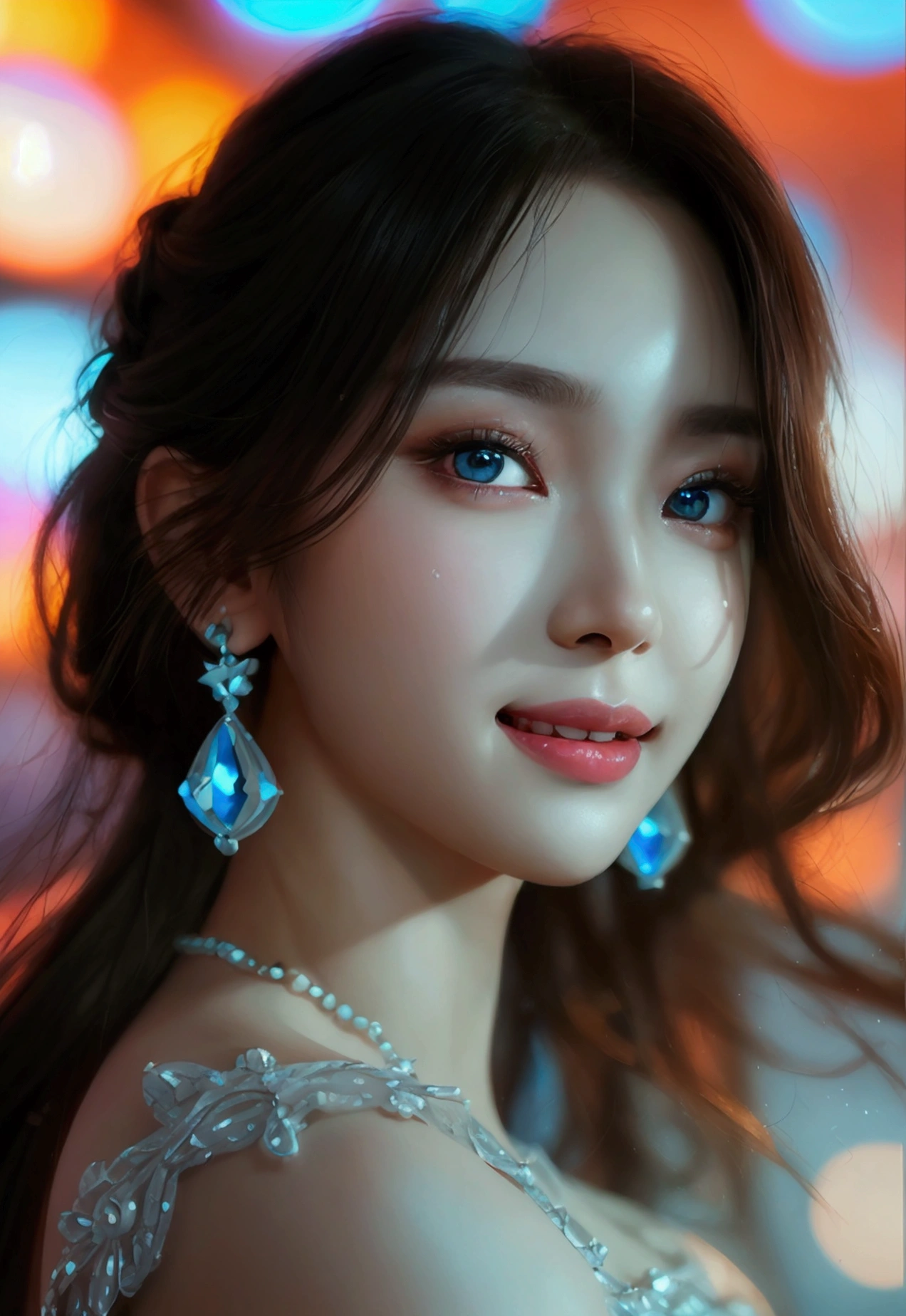 8K, Masterpiece, RAW image, Best quality, Realistic, Photorealistic, Highly detailed 8k CG unity wallpaper, Depth of field, Cinematic lighting, Lens flare, Ray tracing, (Very beautiful face, Beautiful lips, Beautiful eyes), Intricately detailed face, ((Very detailed skin)) 1 girl, In the dark, Deep shadows, Beautiful korean girl, Kpop idol, (Slender and muscular body: 1.3), ((Looking at the viewer)), (Wide smile: 1.3), (Night, (Neon sign), (Blurred background), Large building, Midnight, Beautiful girl, White diamond earrings, Bracelet, Necklace, Clear eyes, Walking, Frontal shot, (Pale skin), Facing forward, (Big eyes), Full body shot, ((Beautiful fantasy empress). Inspired by Sim Sa-jeong, Azure detailed hair, Winter princess, LCE princess, Artwork by Guvez-Steville, 8K), (Views: 1.3), Very slim, big round chest, medium chest under dress, Hermes bag, hair tied up, short hair, medium butt, beautiful slender thighs, high heels, beautiful legs, full body, very cute, cool pose, sexy angle.