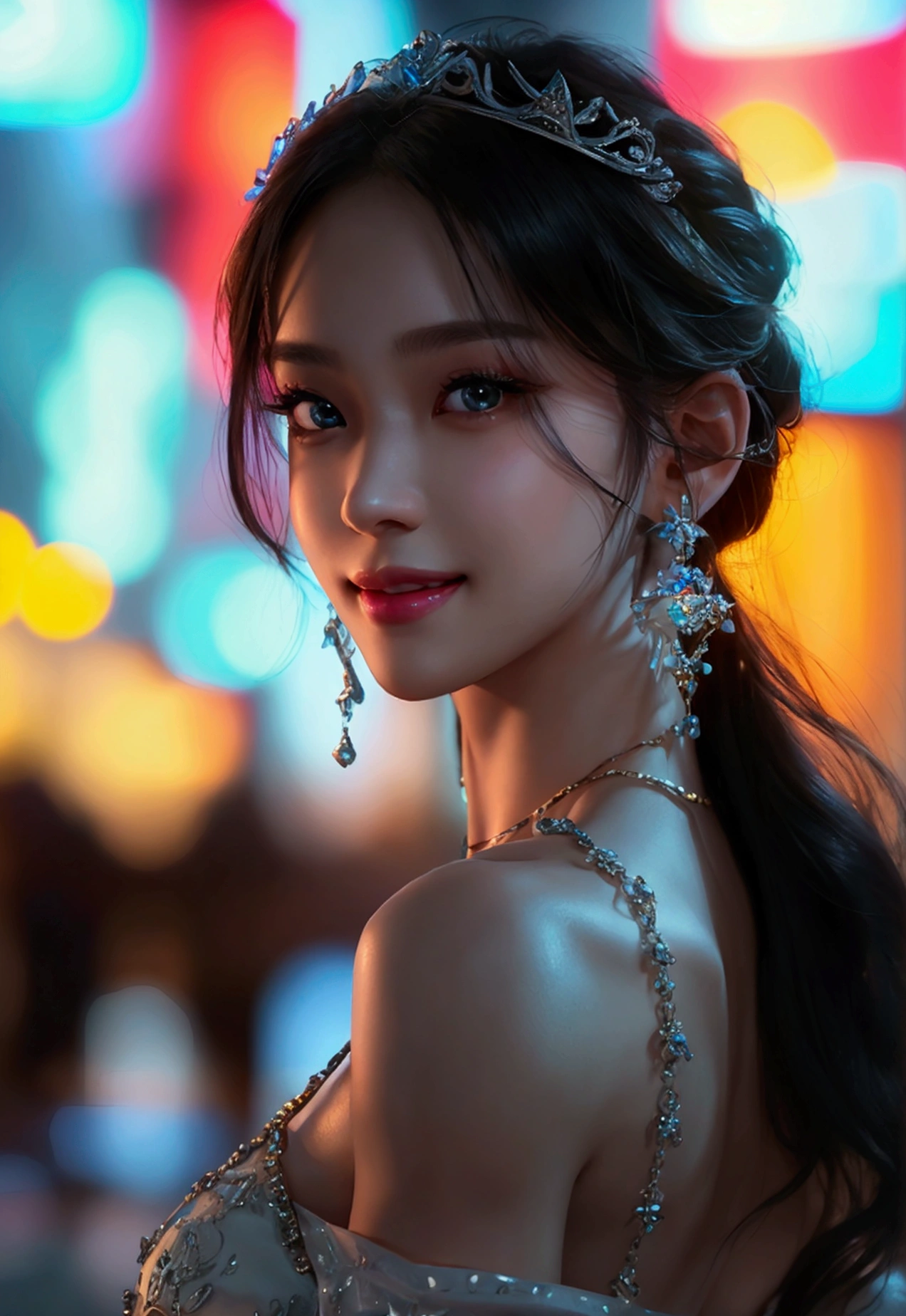 8K, Masterpiece, RAW image, Best quality, Realistic, Photorealistic, Highly detailed 8k CG unity wallpaper, Depth of field, Cinematic lighting, Lens flare, Ray tracing, (Very beautiful face, Beautiful lips, Beautiful eyes), Intricately detailed face, ((Very detailed skin)) 1 girl, In the dark, Deep shadows, Beautiful korean girl, Kpop idol, (Slender and muscular body: 1.3), ((Looking at the viewer)), (Wide smile: 1.3), (Night, (Neon sign), (Blurred background), Large building, Midnight, Beautiful girl, White diamond earrings, Bracelet, Necklace, Clear eyes, Walking, Frontal shot, (Pale skin), Facing forward, (Big eyes), Full body shot, ((Beautiful fantasy empress). Inspired by Sim Sa-jeong, Azure detailed hair, Winter princess, LCE princess, Artwork by Guvez-Steville, 8K), (Views: 1.3), Very slim, big round chest, medium chest under dress, Hermes bag, hair tied up, short hair, medium butt, beautiful slender thighs, high heels, beautiful legs, full body, very cute, cool pose, sexy angle.