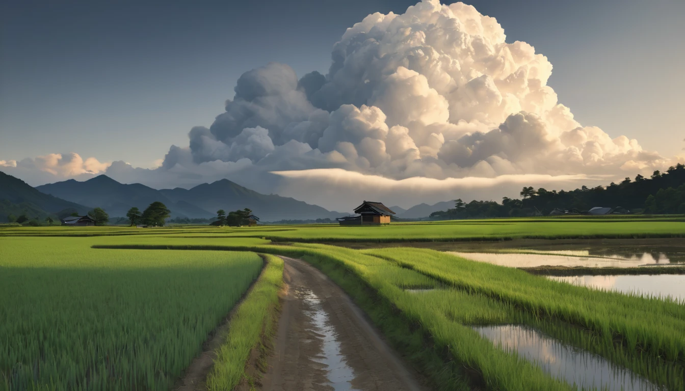 detailed traditional japanese rural landscape, rice fields, dirt paths, midsummer, sunny, cumulonimbus clouds, daytime, (best quality,4k,8k,highres,masterpiece:1.2),ultra-detailed,(realistic,photorealistic,photo-realistic:1.37),HDR,UHD,studio lighting,ultra-fine painting,sharp focus,physically-based rendering,extreme detail description,professional,vivid colors,bokeh,landscape