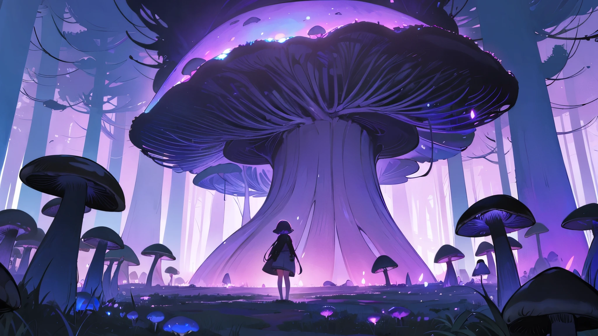 girl in the center, forest made out of mushroom, thick mushrooms, tall mushrooms, Purple sky, blue fireflies, anime