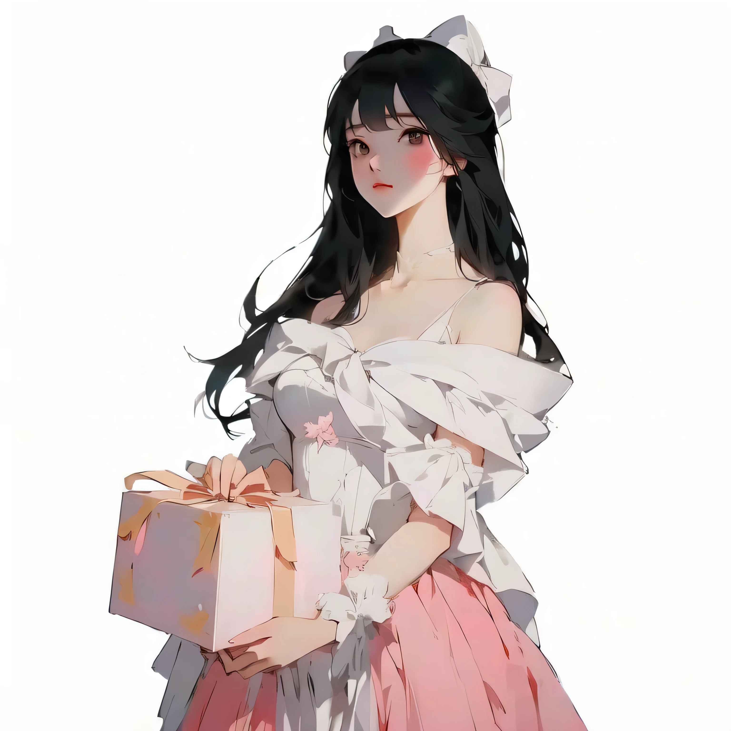 anime girl in pink dress holding a gift box and wearing a white hat, Guweiz, guweiz on pixiv artstation, cute anime waifu in a nice dress, Guweiz on Artstation Pixiv, artwork in the style of guweiz, render of april, made with anime painter studio,  in dress，Perfect anatomical structure，masterpiece，Best quality，16K，Beautiful and delicate growth，Rich in details，Masterpiece，Clean shaping