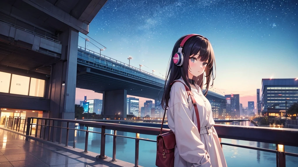 Where to see planes at the airport。A young girl with black hair wearing stylish clothes and headphones labeled "lo-fi" The girl is shown in profile, gazing into the distance with a calm, relaxed expression Background depicts the iconic scenery of Namba, Osaka at night, without any text on signs A starry night sky adding to the peaceful atmosphere Overall mood is quiet and serene, perfect for lo-fi music Detailed hair rendering and careful attention to the girl's fashionable outfit The entire scene should evoke a relaxing, introspective feeling associated with lo-fi music