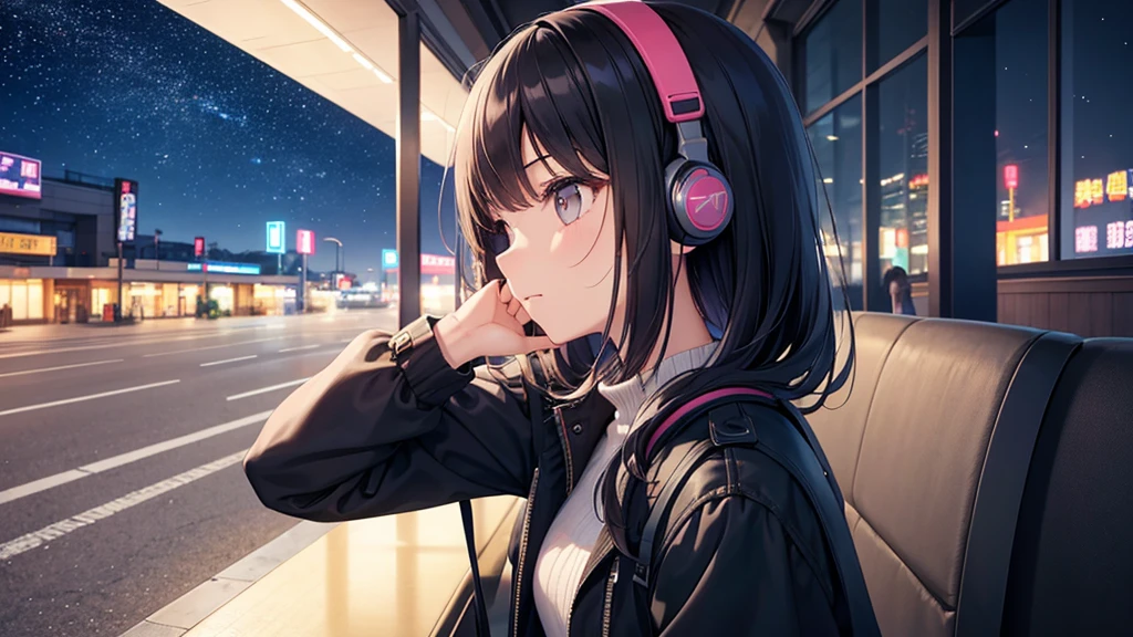 Where to see planes at the airport。A young girl with black hair wearing stylish clothes and headphones labeled "lo-fi" The girl is shown in profile, gazing into the distance with a calm, relaxed expression Background depicts the iconic scenery of Namba, Osaka at night, without any text on signs A starry night sky adding to the peaceful atmosphere Overall mood is quiet and serene, perfect for lo-fi music Detailed hair rendering and careful attention to the girl's fashionable outfit The entire scene should evoke a relaxing, introspective feeling associated with lo-fi music