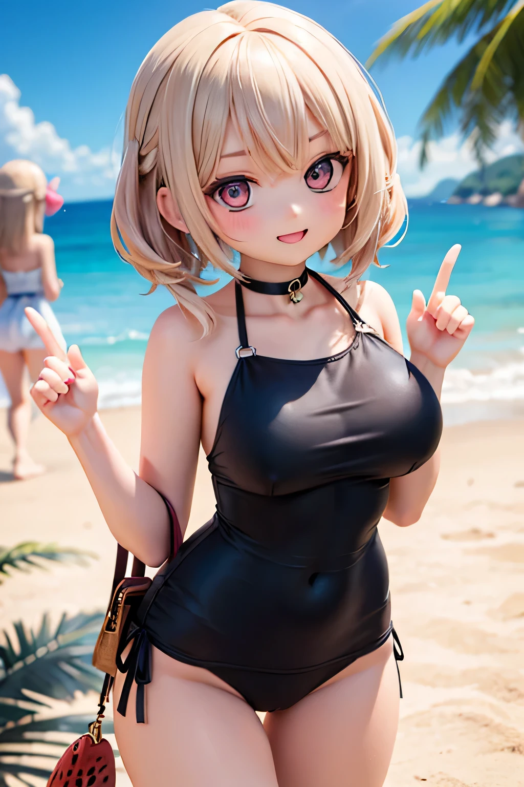 Highest quality、High resolution、Detailed Background、(Beautiful face in every detail:1.4)、Anatomically correct、(Normal number of fingers:1.2)、Highly detailed face、Detailed eyes、age beauty、Huge breasts、Perfect body line、Light color hair、Braided bob cut、Braided Ponytail、Braided twin tails、well-groomed eyebrows、In the hot sunshine、Sandy Beach、A big smile、smile、
(Three girls smashing watermelon on Sandy Beach:1.5)、The bright red flesh of the watermelon is revealed、Girls in colorful swimsuits stuffing their mouths full、The way the juice flows down is adorable.、cute