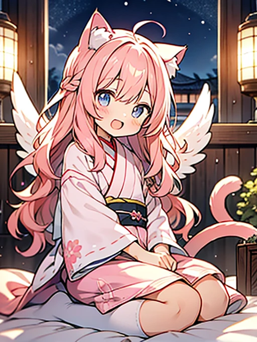 Recent Anime art style,hyperfine illumination,cat ears,cat taIl,kawaii shota,short small child,angel halo and wing,pink hair,long hair,wavy hair,Japanese clothes to wear to bed,
The Shota,good night,open mouth smile,at night,seiza,circle frame