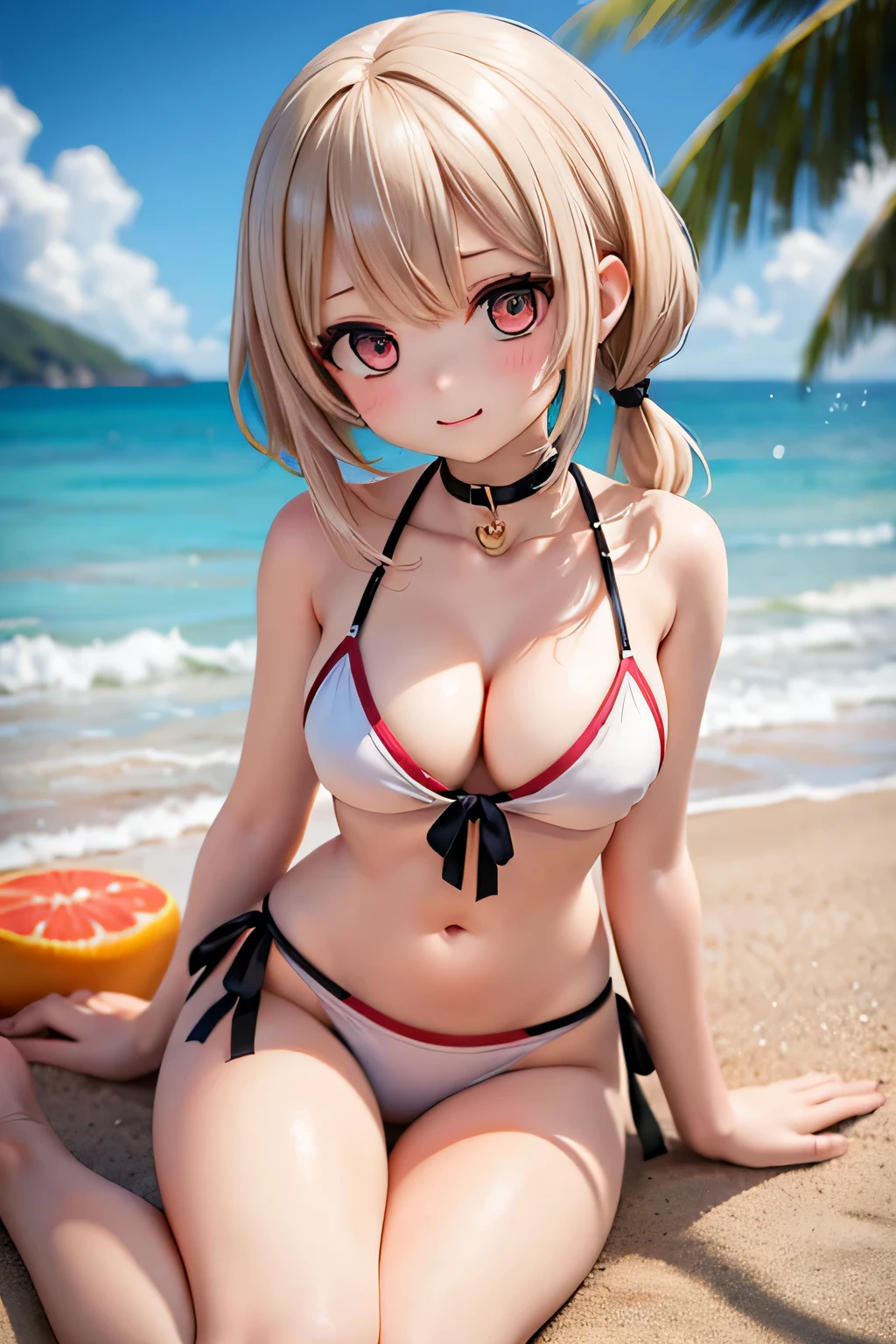 Highest quality、High resolution、Detailed Background、(Beautiful face in every detail:1.4)、Anatomically correct、(Normal number of fingers:1.2)、Highly detailed face、Detailed eyes、age beauty、Huge breasts、Perfect body line、Light color hair、Braided bob cut、Braided Ponytail、Braided twin tails、well-groomed eyebrows、In the hot sunshine、Sandy Beach、A big smile、smile、
(Three girls smashing watermelon on Sandy Beach:1.5)、The bright red flesh of the watermelon is revealed、Girls in colorful swimsuits stuffing their mouths full、The way the juice flows down is adorable.、cute
