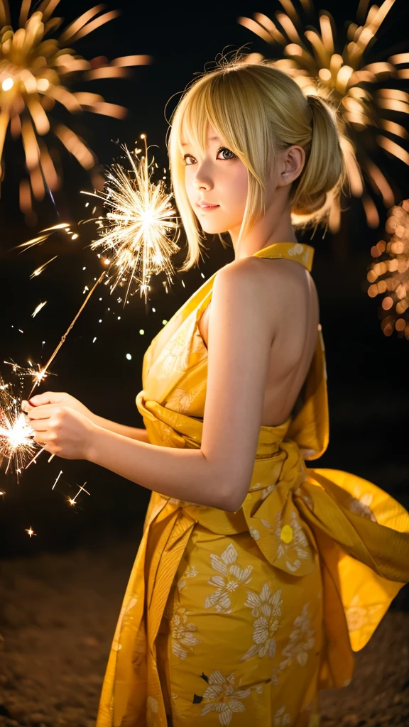 Blonde anime girl in a yellow dress,yukata,Sparkler