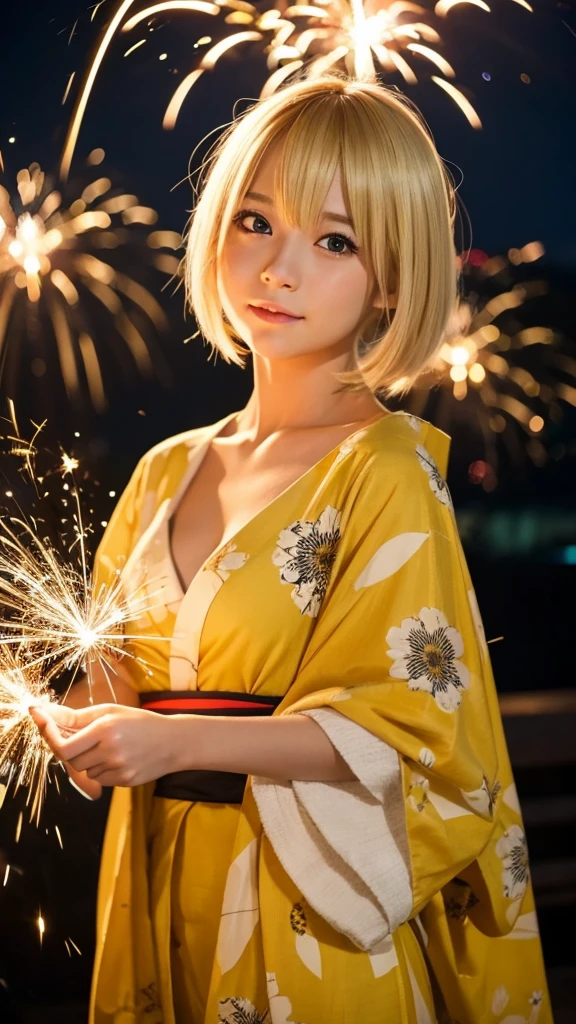 Blonde anime girl in a yellow dress,yukata,Sparkler