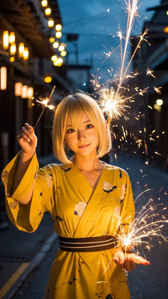 Blonde anime girl in a yellow dress,yukata,Sparkler