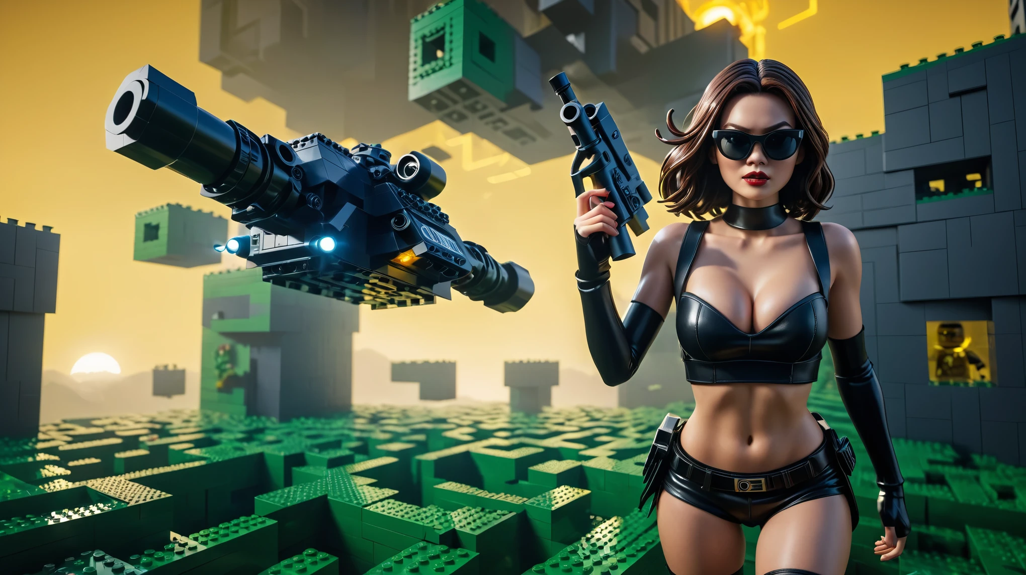 Aerial view, (flying vehicle), sci-fi outdoor Lego maze as background. Matrix style, at night, dark sky. (1girl, solo), photo realistic, large-breast:1.2 slim:0.5 body, cleavage:1.2, tube top, miniskirt, (matrix style black sunglasses), (holding a mini:1.1 stun gun), half-body thigh level medium shot, cinematic lighting, ray tracing.