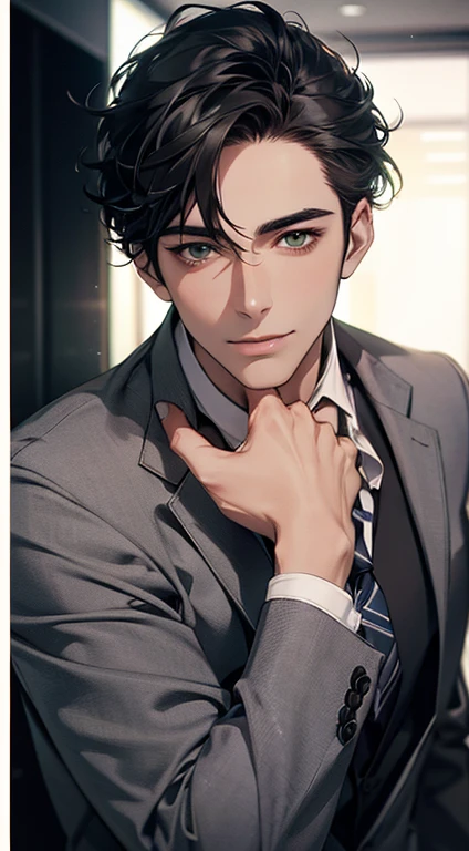 (Highest quality,4K,8K,High resolution,masterpiece:1.2),Super detailed,(Realistic,photoRealistic,photo-Realistic:1.37),1 person,34 years old,Mature Men,Beautiful skin、very handsome,Expressionless smile in love,Short gray black hair,green eyes,Sharp Eyes,A perfect face without a doubt,Businessman, CEO, Office Background,Cinema Lighting,HDR image,tie、