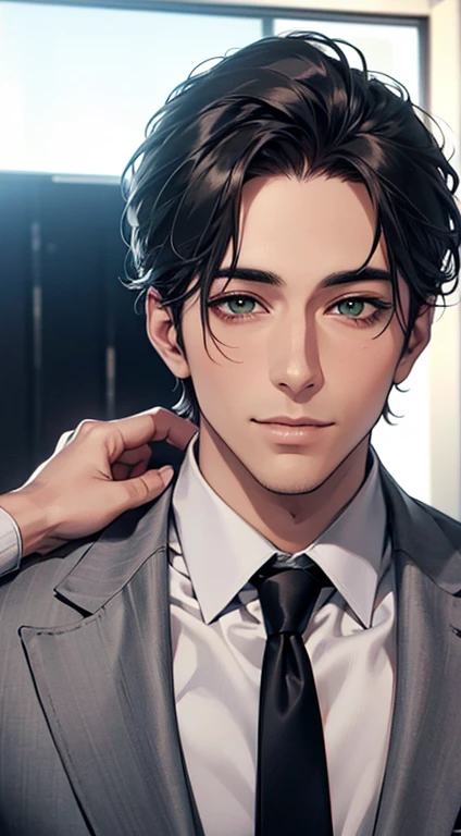 (Highest quality,4K,8K,High resolution,masterpiece:1.2),Super detailed,(Realistic,photoRealistic,photo-Realistic:1.37),1 person,34 years old,Mature Men,Beautiful skin、very handsome,Expressionless smile in love,Short gray black hair,green eyes,Sharp Eyes,A perfect face without a doubt,Businessman, CEO, Office Background,Cinema Lighting,HDR image,tie、