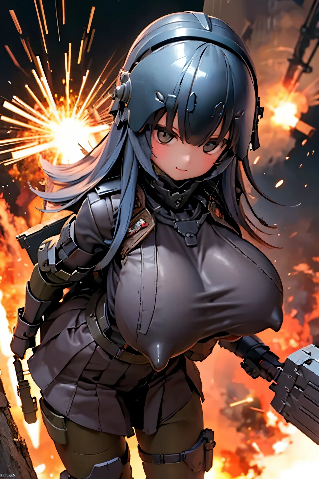 Iron Mask、((Super huge breasts))、Combat Uniform、military、Brave、explosion