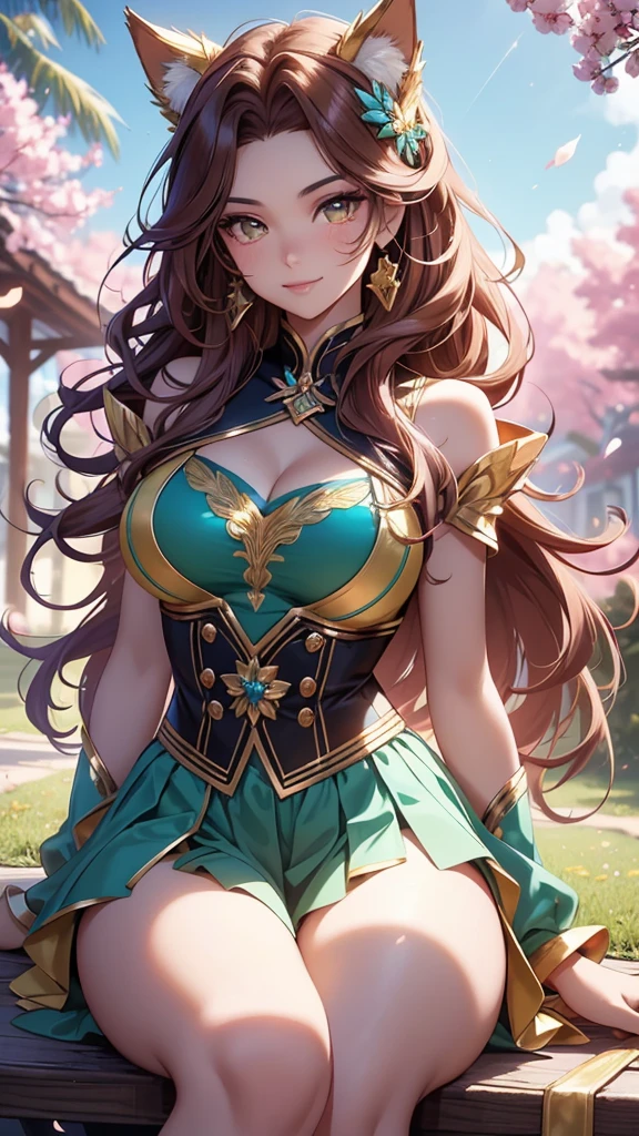 (best quality,4k,8k,highres,masterpiece:1.2),ultra-detailed,(realistic,photorealistic,photo-realistic:1.37),acrylic painting,beautiful Brazilian model in a uniform outfit red and gold with downy hair,beautiful Brazilian model with extremely colorful brown hair and detailed facial features,beautiful Brazilian model standing in a beautiful garden surrounded by a starry sky,brown hair,beautiful Brazilian model wearing a vibrant teal and gold uniform outfit,beautiful Brazilian model with intricate accessories,cat ears, ,beautiful Brazilian model with long flowing twintails,beautiful Brazilian model with bright brown eyes and rosy lips,beautiful Brazilian model with a joyful expression,beautiful Brazilian model in a dynamic pose with cherry blossoms falling around her,beautiful Brazilian model surrounded by colorful flowers and butterflies,beautiful Brazilian model's school uniform outfit adorned with cute bows and lace details red and gold,beautiful Brazilian model with an enchanting smile,beautiful Brazilian model with soft, pastel-colored shading,beautiful Brazilian model with a magical glow illuminating her,beautiful Brazilian model in a picturesque setting with a winding path leading to a magnificent castle,beautiful Brazilian model with a fairytale-like background,beautiful Brazilian model with a soft, dreamy atmosphere,beautiful Brazilian model with a subtle bokeh effect,beautiful Brazilian model standing under a sunny sky,beautiful Brazilian model with a warm, golden sunset in the background,beautiful Brazilian model surrounded by twinkling stars and colorful nebulae,creating an ethereal and captivating artistic masterpiece, sitting down, facing camera.